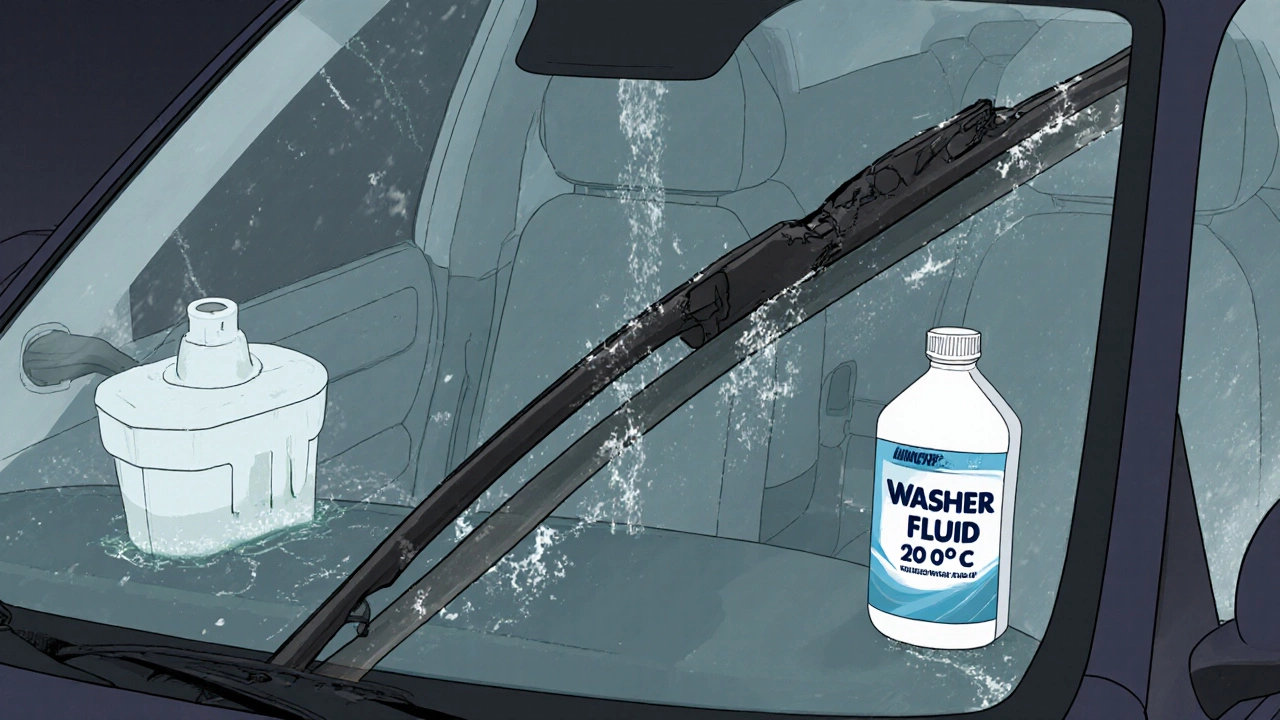 Worn wiper blades scraping a dirty windshield next to a bottle of winter washer fluid.