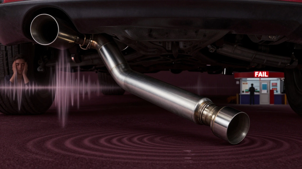 3-inch exhaust pipe with sound waves radiating outward at night, surrounded by silhouettes of people reacting.