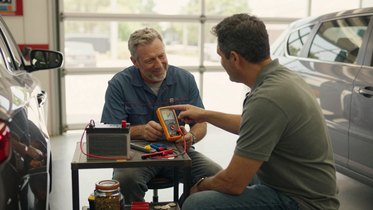 AutoZone employee calmly explaining battery health to a customer beside a car, tools visible on cart.