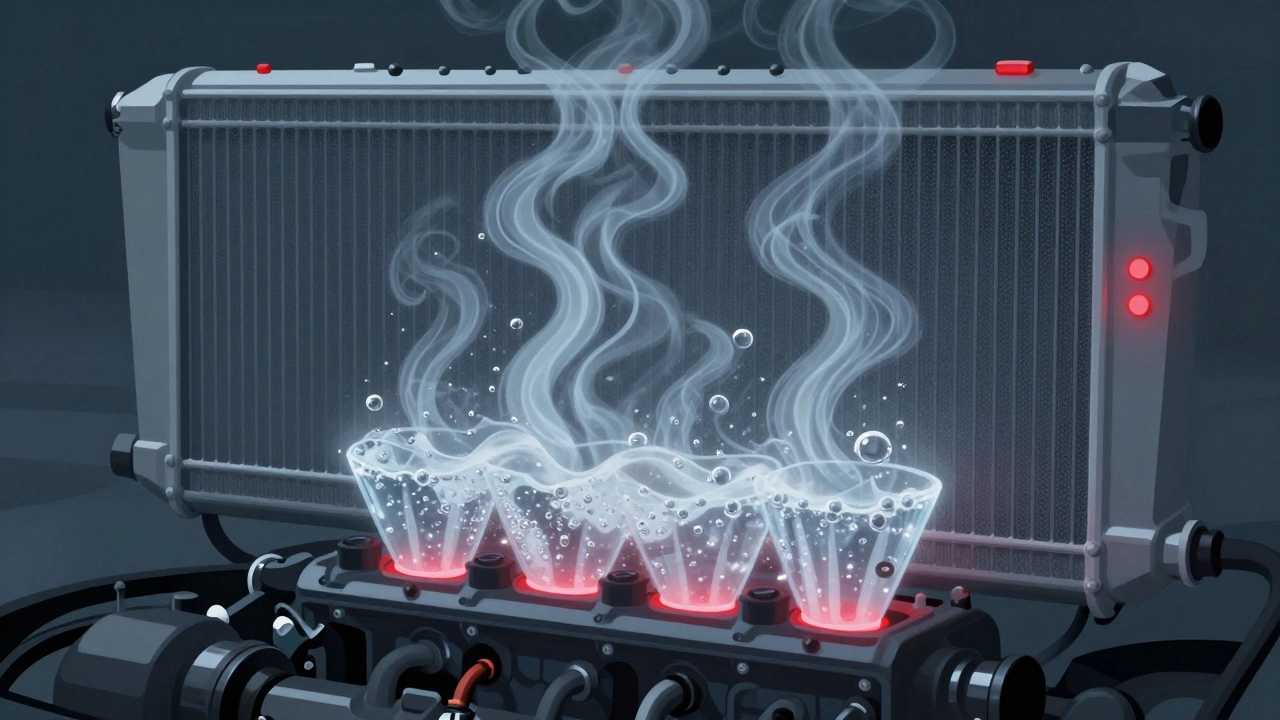 Bubbling coolant in a radiator with combustion gases rising inside.