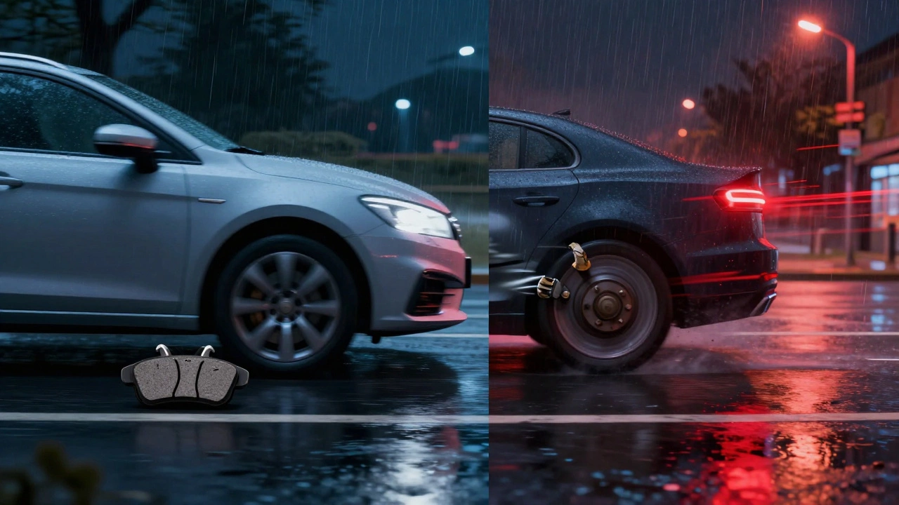 Car skidding on wet road due to uneven brake pads, split between safe stop and dangerous pull.