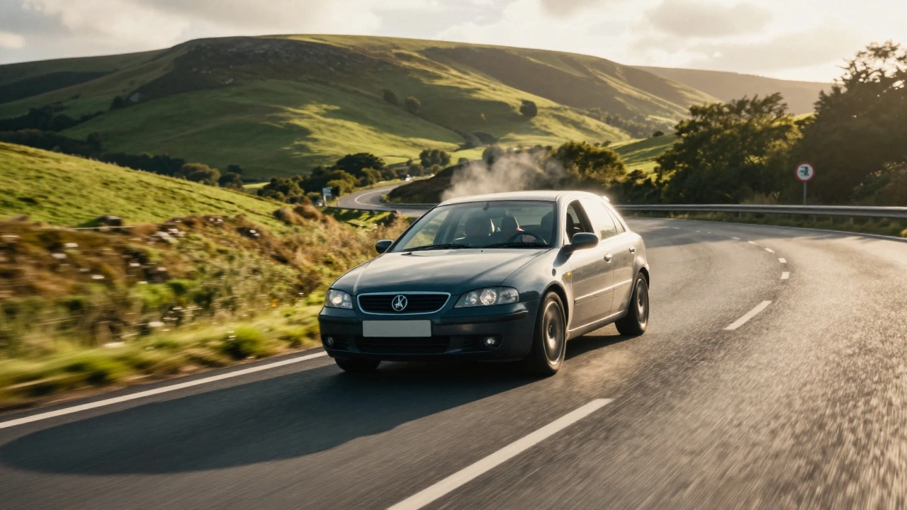Car struggling to climb a hill on a UK motorway with engine sputtering.