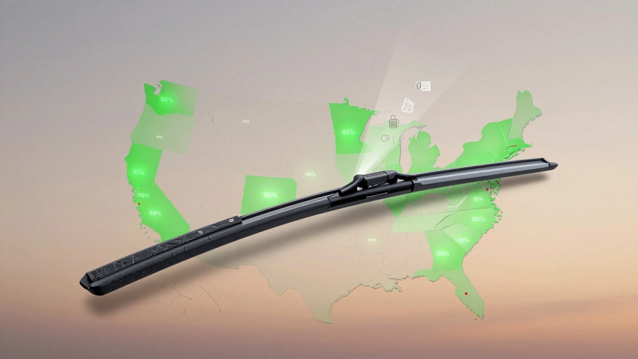 Car with upgraded wiper blades above a map showing AutoZone locations offering free installation.