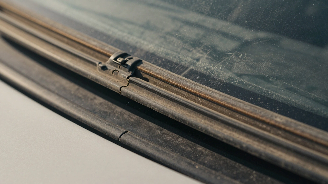Close-up of cracked and hardened wiper blades on a dirty windscreen.