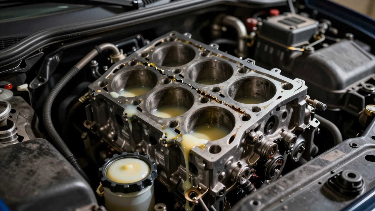 Creamy sludge visible under a car&#039;s oil cap, mixing coolant and oil.