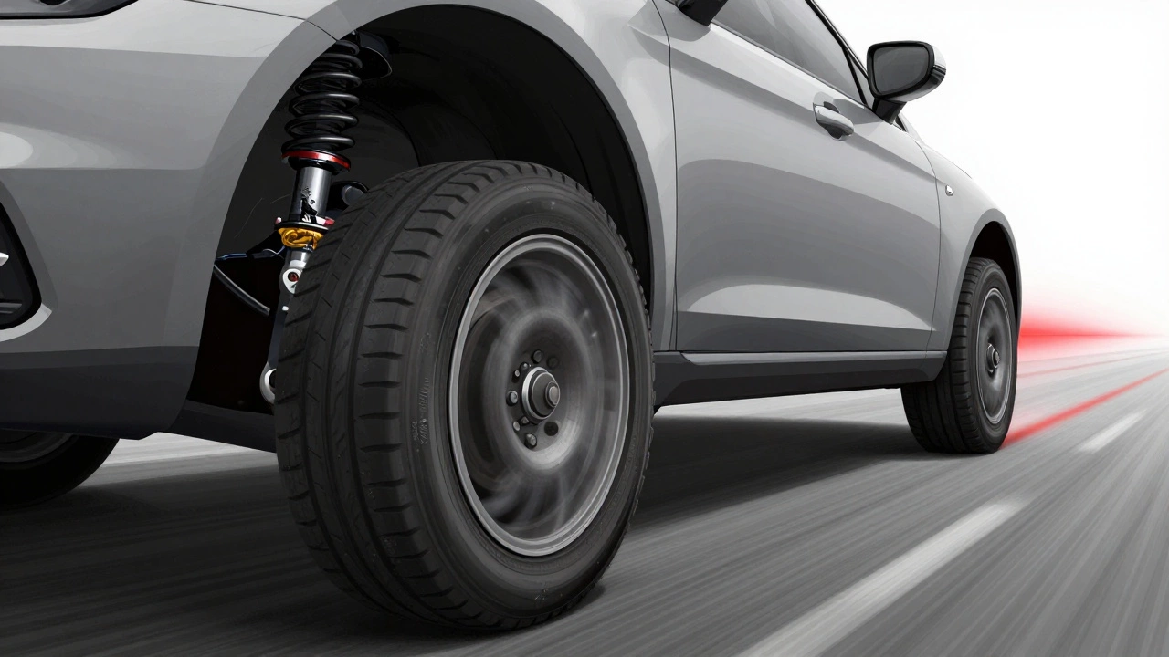 Cross-section of a car&#039;s suspension during braking, showing worn components and uneven tire wear.