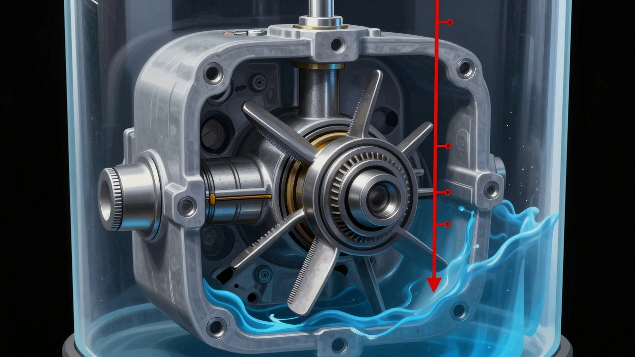 Cross-section of a failing fuel pump inside a fuel tank with low pressure.