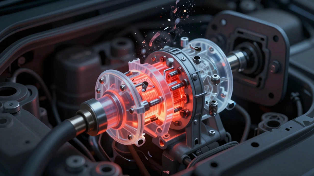Cross-section of a fuel pump inside a gas tank, showing overheating and metal debris.
