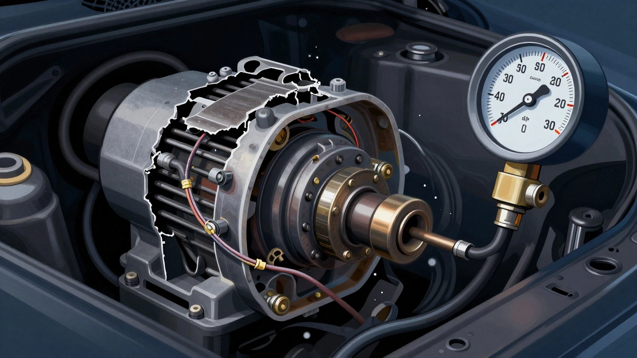 Cross-section of failing fuel pump inside gas tank with low pressure reading.