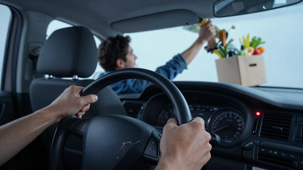 Driver gripping a vibrating steering wheel while cargo flies from the trunk due to suspension failure.