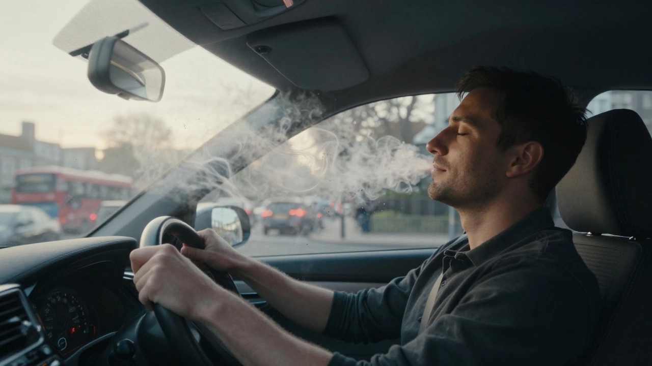 Driver in a London commuter car breathing easily as pollutants are filtered out, with clean air visible as glowing streams.