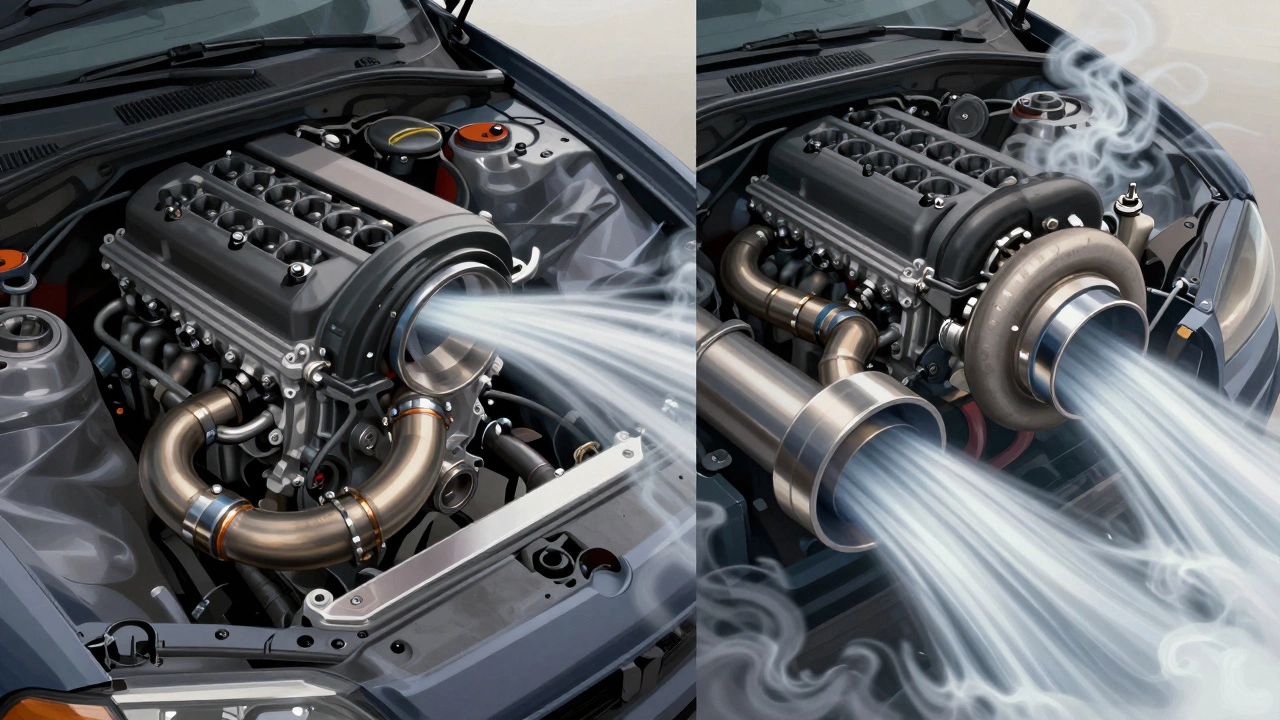 Engine bay comparison showing restricted vs. free-flowing exhaust systems with visualized gas flow.