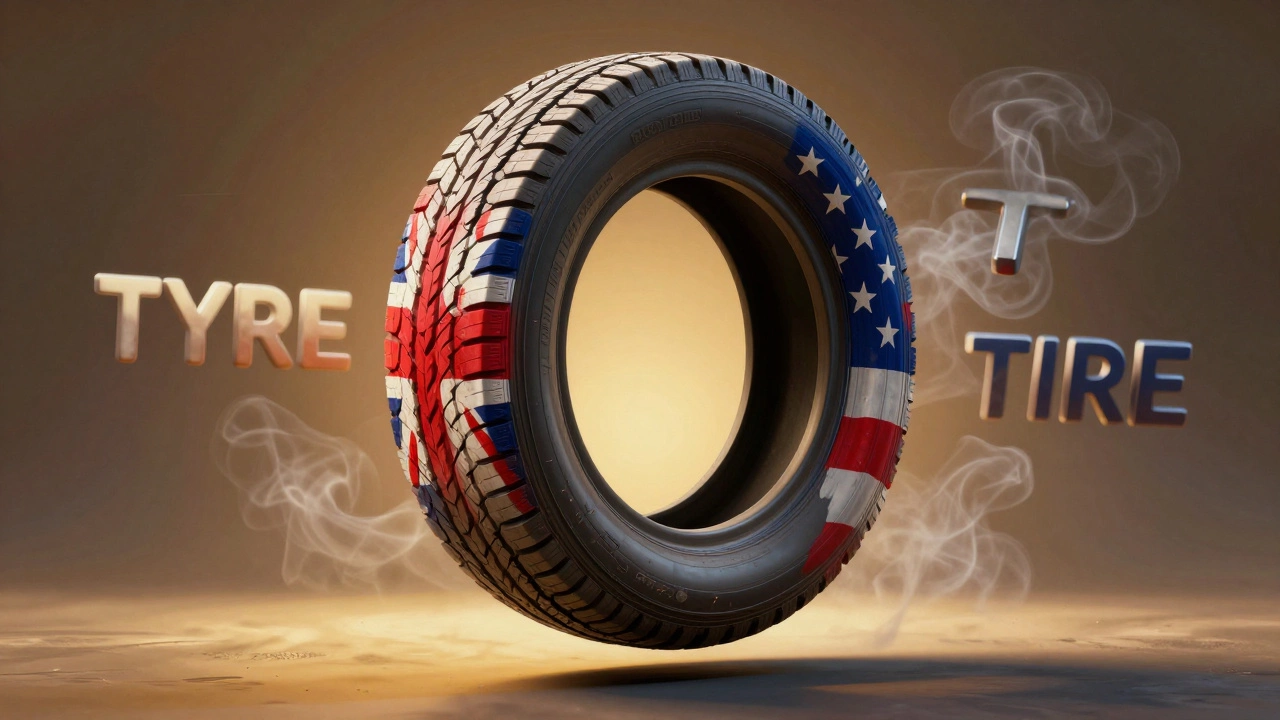 Floating tyre half British flag, half American flag, with dissolving spellings