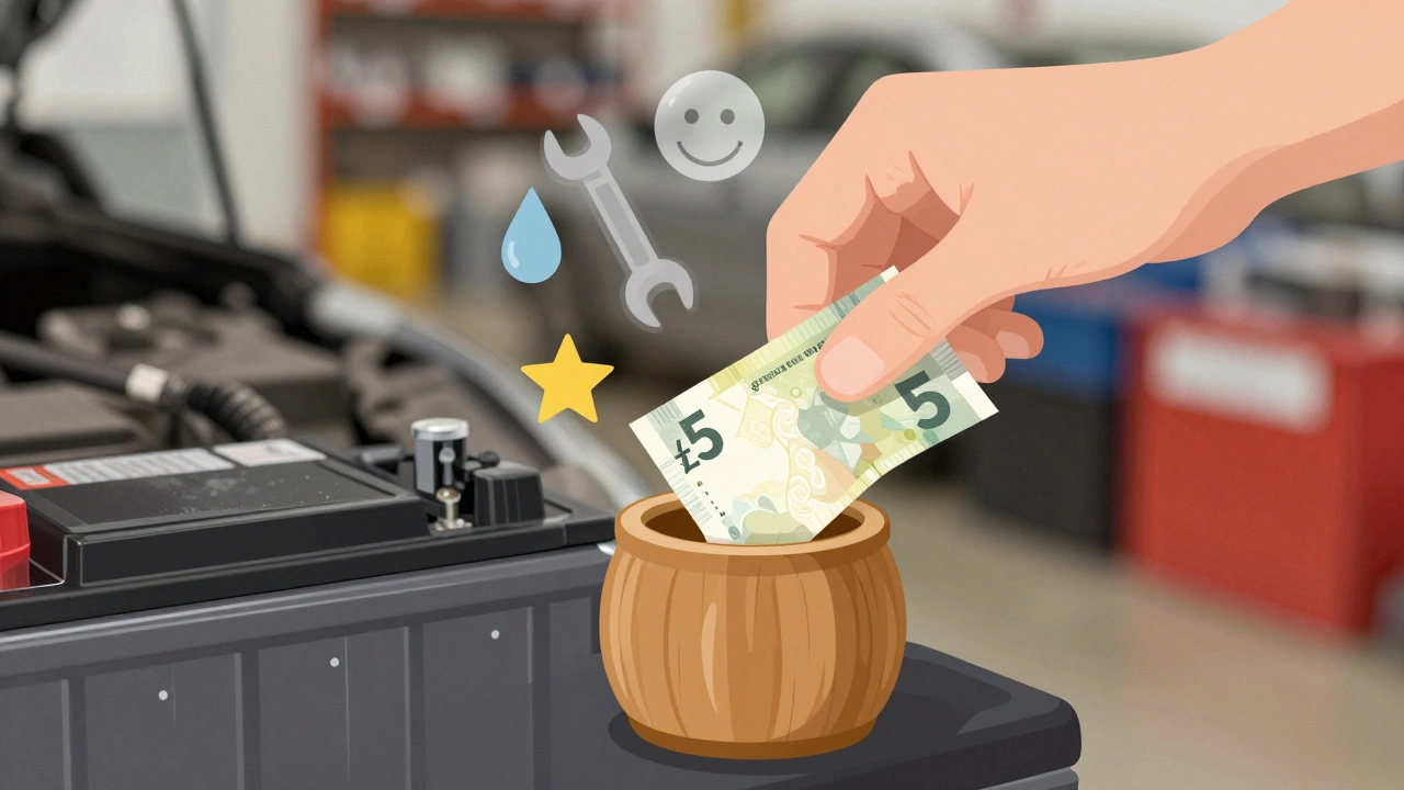 Hand placing £5 tip into jar beside car battery, with symbolic icons of care and service floating above.