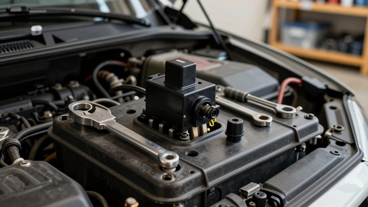 Hand swapping a fuel pump relay with another relay in a car&#039;s fuse box under the hood.