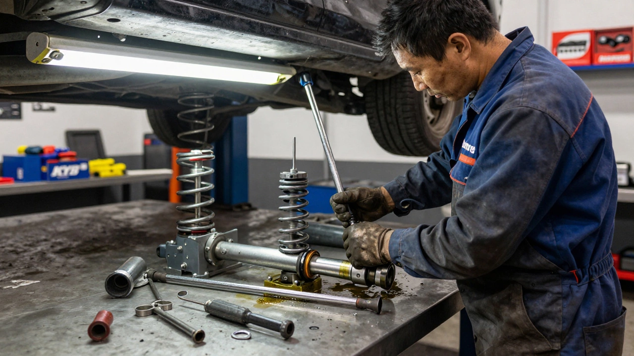Mechanic installing a strut assembly using a spring compressor in a workshop.