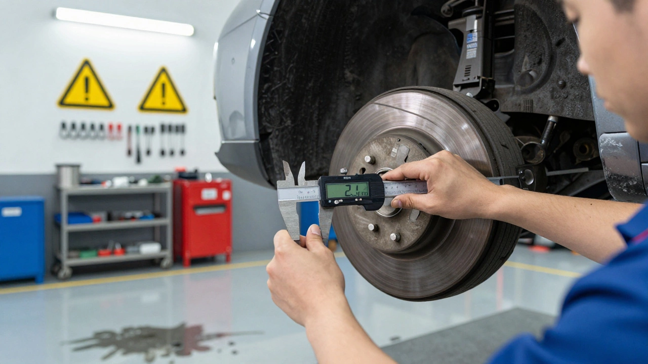 Mechanic measuring brake pad thickness with a digital caliper in a garage, front pads at 2.1mm.