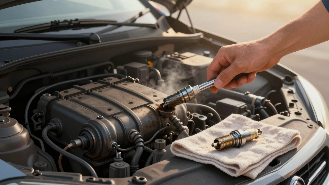 Mechanic removing a worn spark plug from a car engine at dawn with a fresh one nearby on a cloth.