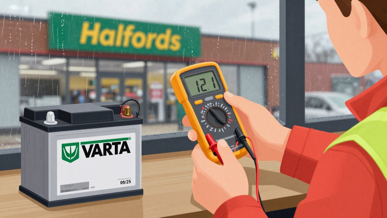 Person testing car battery voltage with multimeter, new battery box visible nearby in UK auto shop setting.