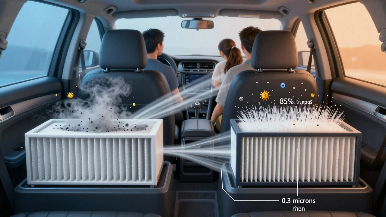 Scientific cross-section comparing dirty air flow through a basic filter versus clean air filtered by Filtrete technology.