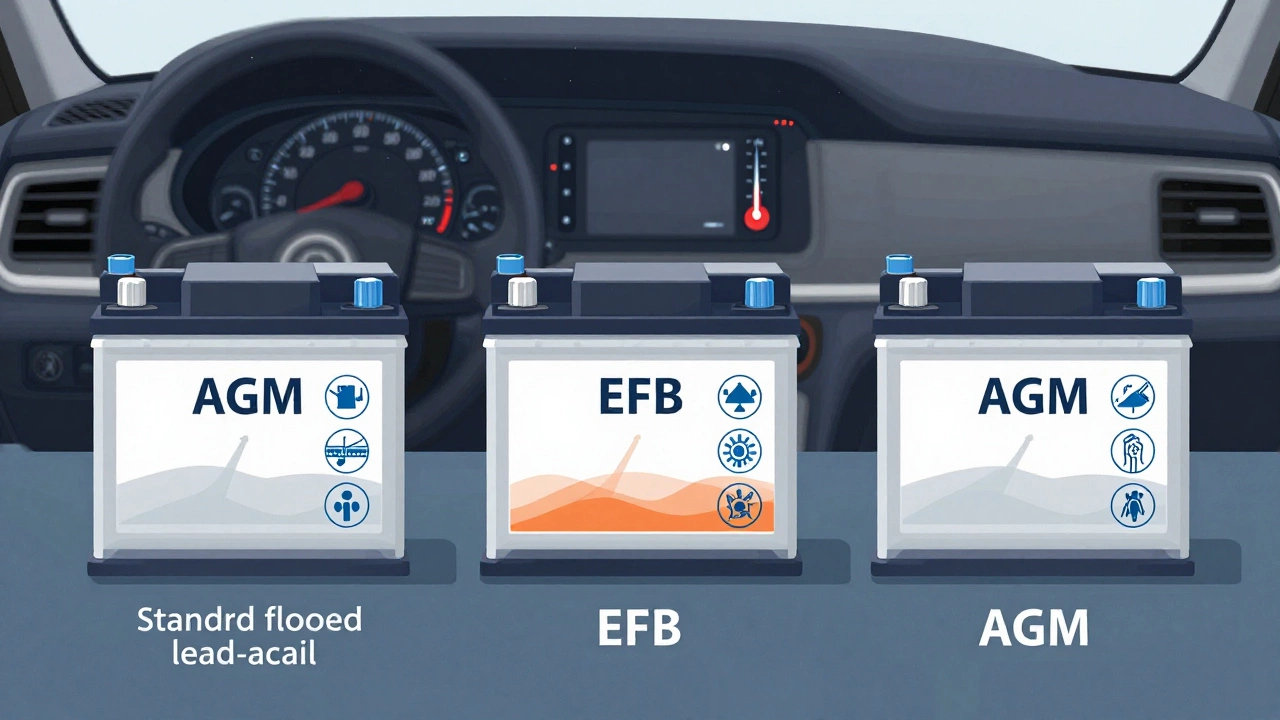 Side-by-side comparison of three car battery types with internal structures and icons for electrical systems.