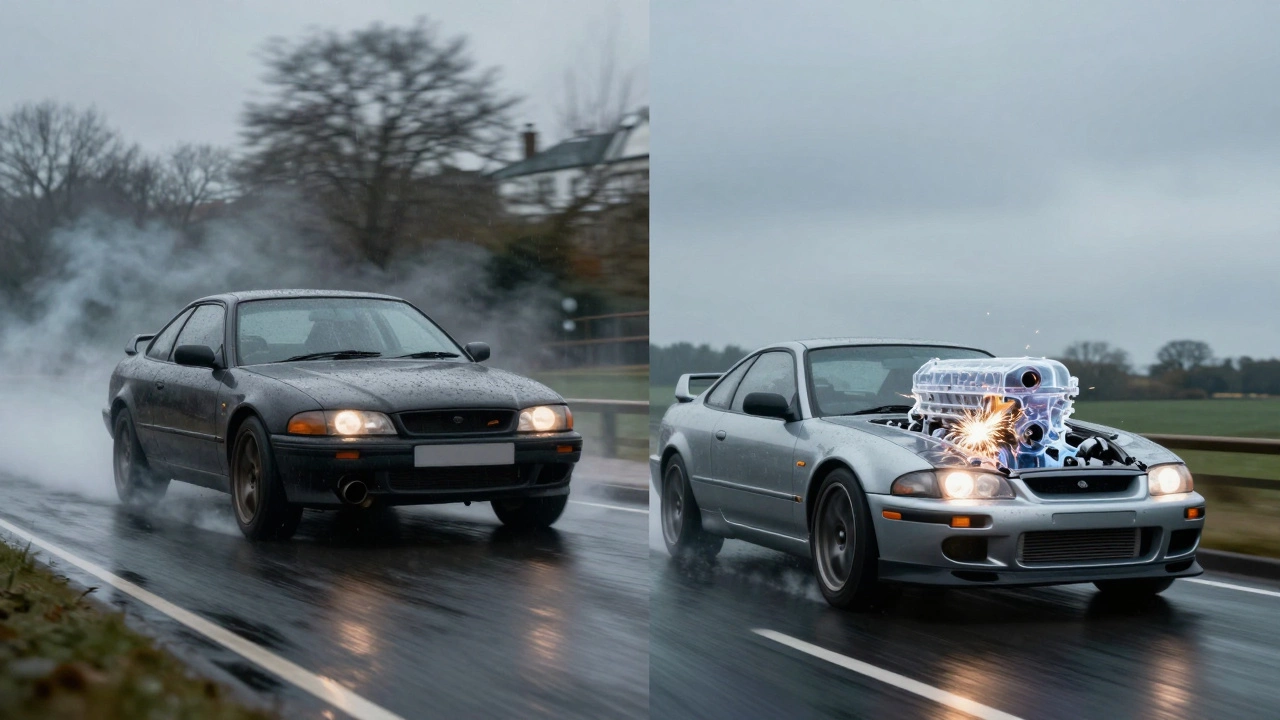 Split image: left shows a car struggling in rain with smoke, right shows the same car accelerating smoothly with a glowing spark.