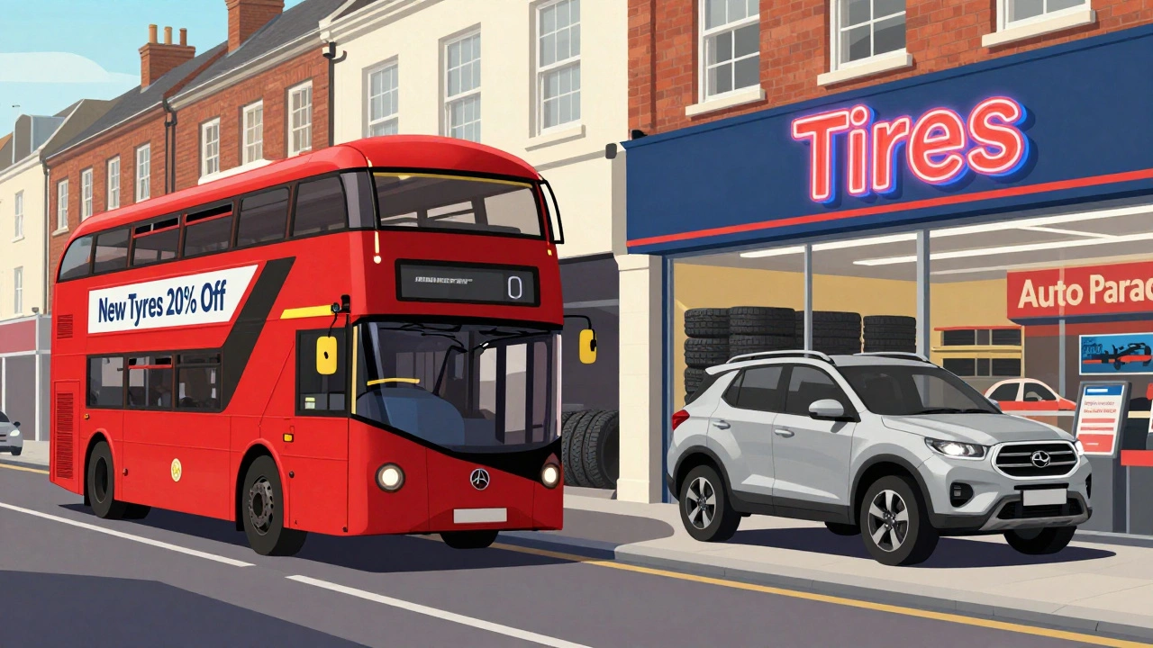 Split scene: British tyre shop and American tire store with distinct signage
