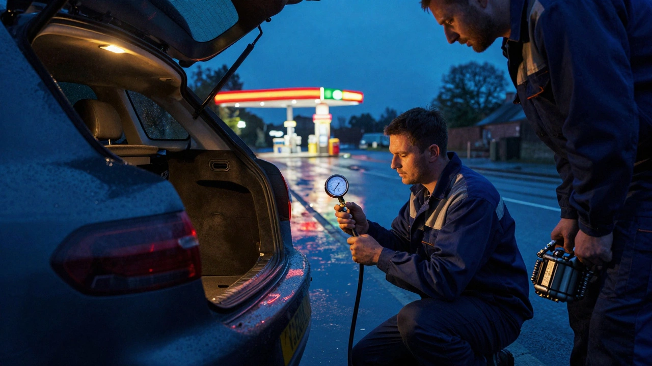 Stranded car at night with mechanic testing fuel pressure.