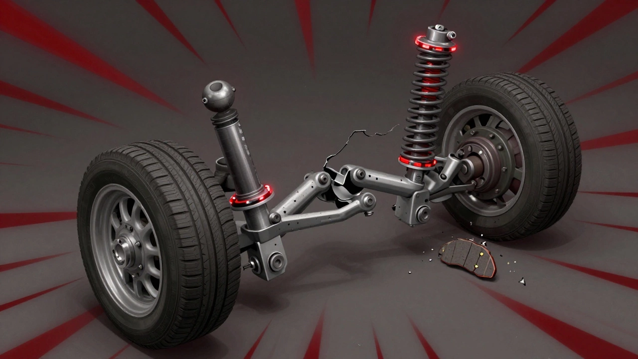 Suspension parts breaking in sequence with warning signs and tire wear.