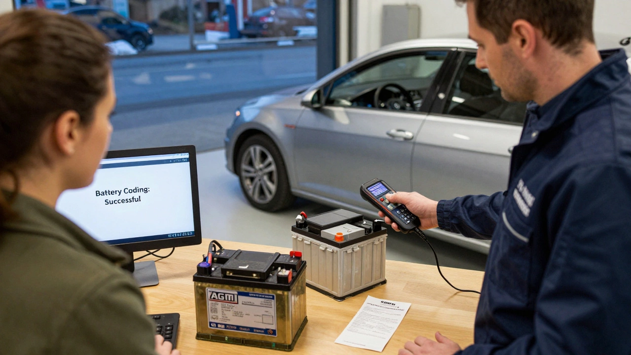 Technician coding a new AGM battery in a UK auto shop while a customer watches the diagnostic screen.