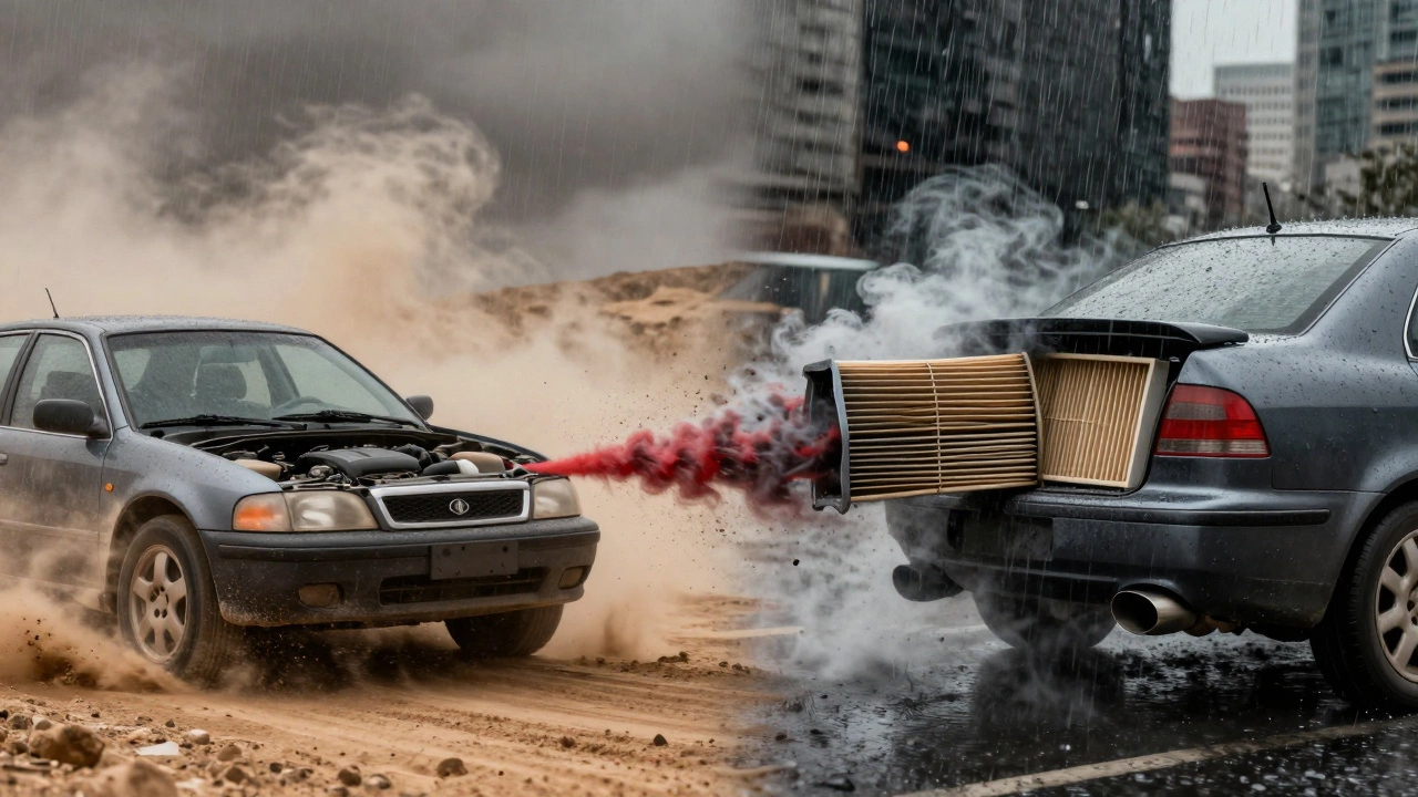 A car driving through dusty and polluted environments, with airborne contaminants flowing into its air filters.