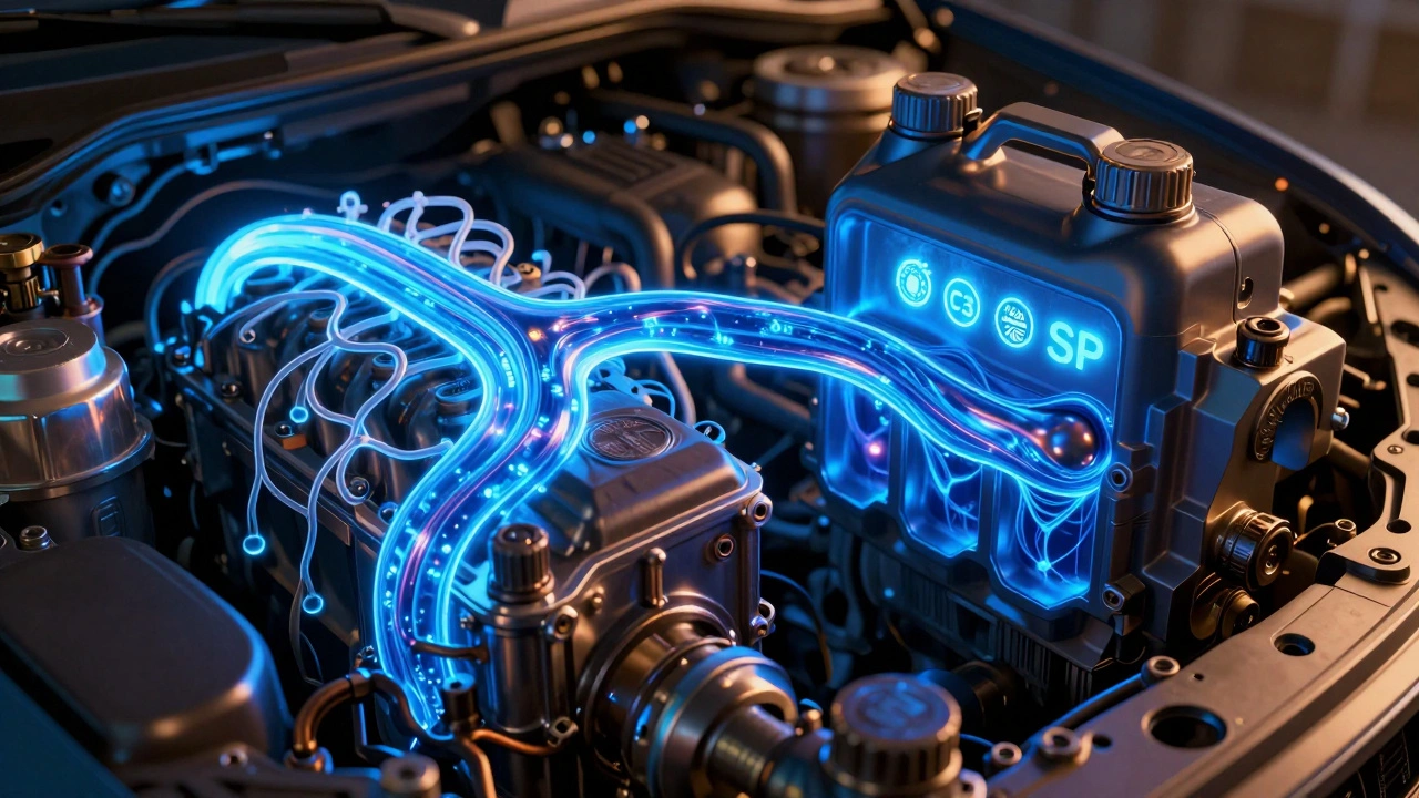 A car engine depicted as a living system with synthetic oil flowing through it like blood, showing cold and hot performance differences.