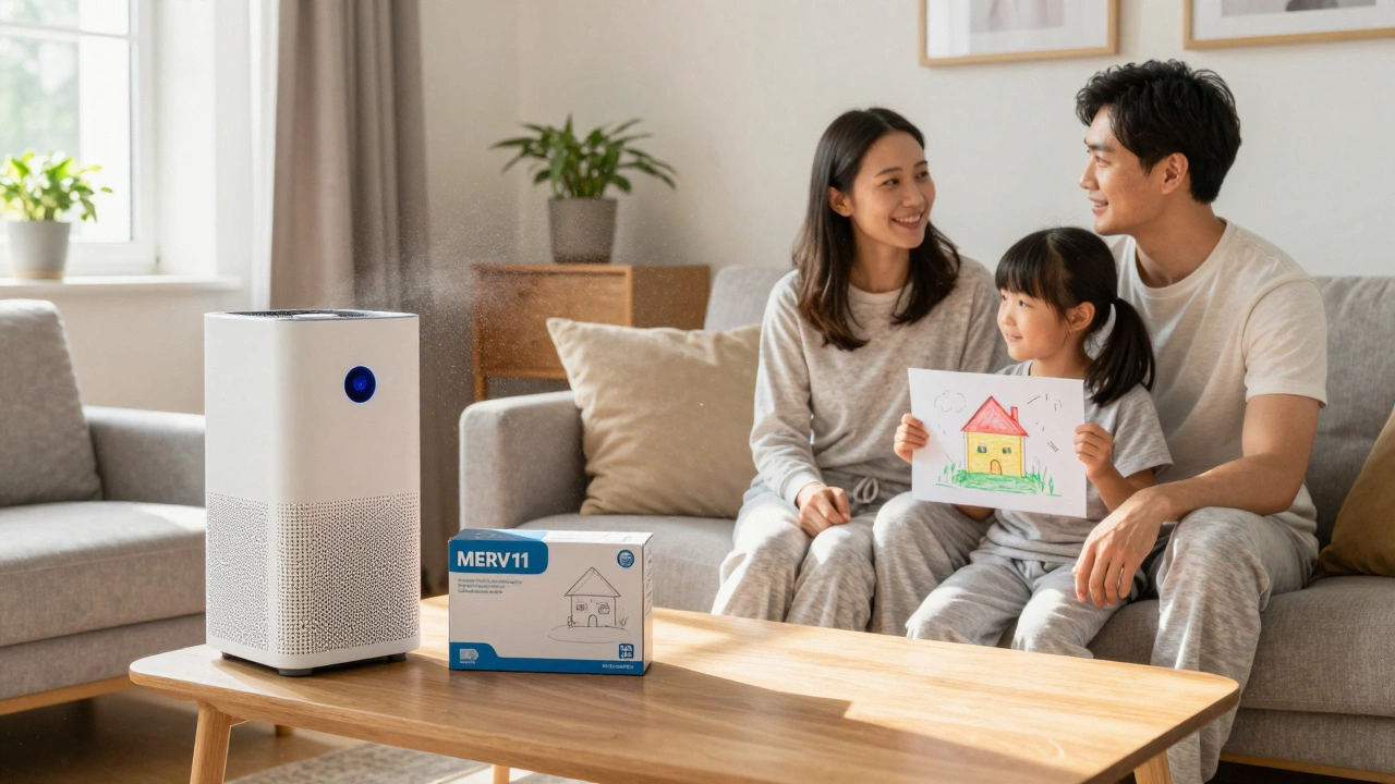 A family in a cozy UK living room with a MERV 11 filter box and air purifier, symbolizing clean indoor air.
