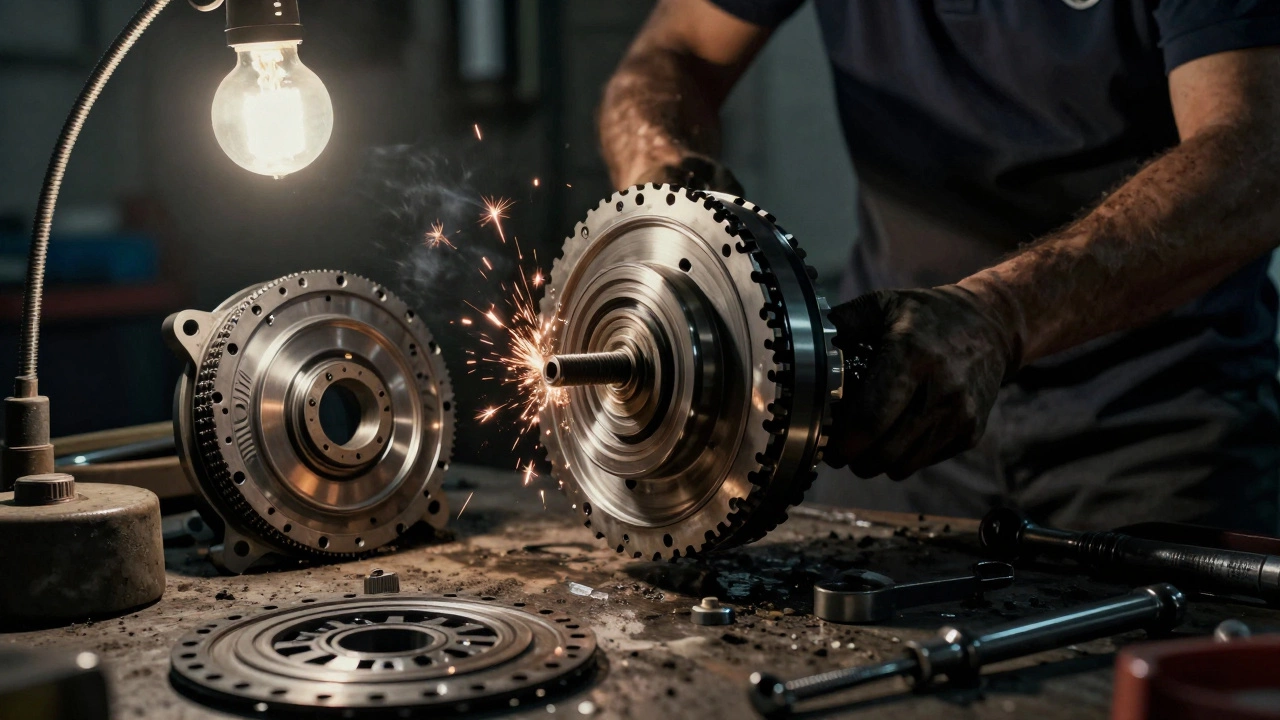 A mechanic removing a cracked flywheel from a Volkswagen Golf with a new replacement nearby.