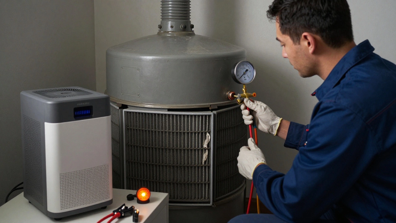 A technician measuring HVAC pressure in a British home with a clogged MERV 13 filter and a HEPA purifier nearby.