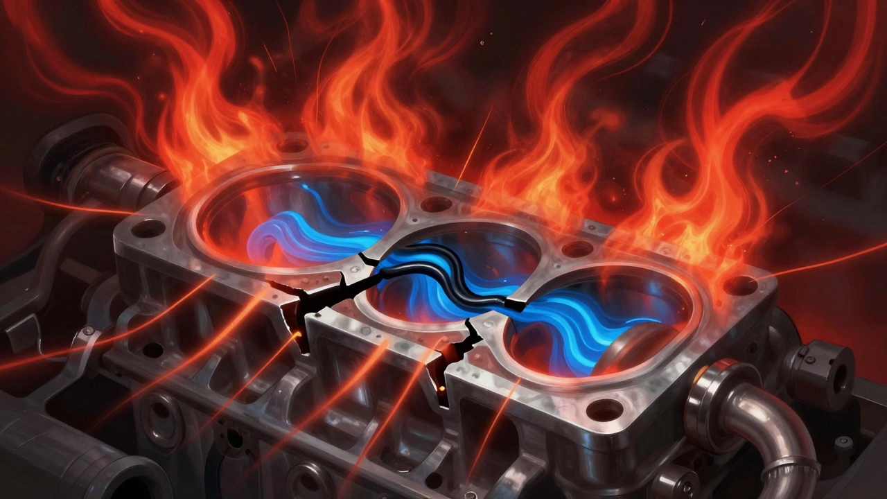 Cracked head gasket with coolant and oil mixing in engine cylinders