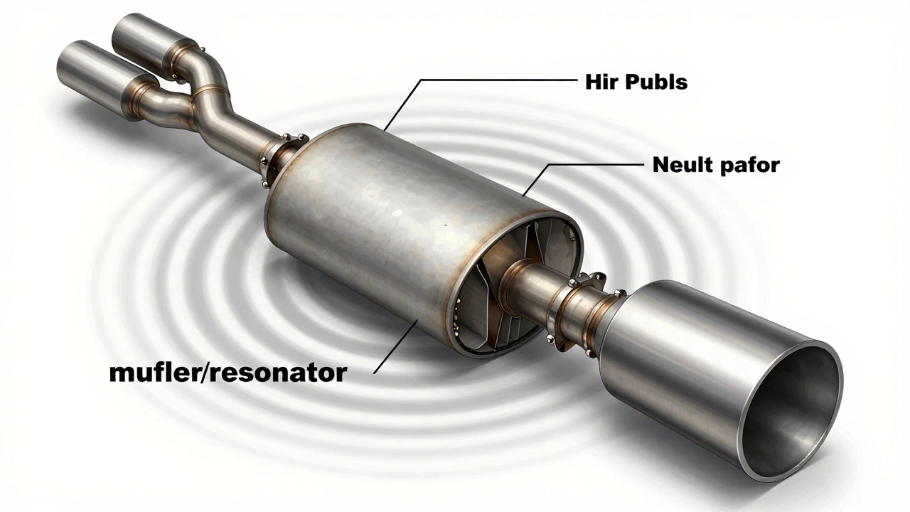 Cross-section of exhaust system showing internal components that control sound, with tip as mere exit point.