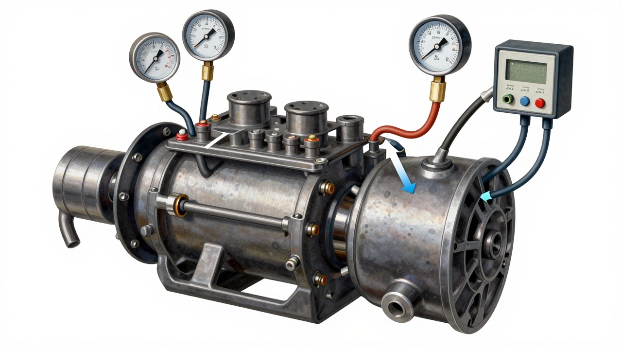 Cross-section of fuel system showing pump, sensors, and pressure flow