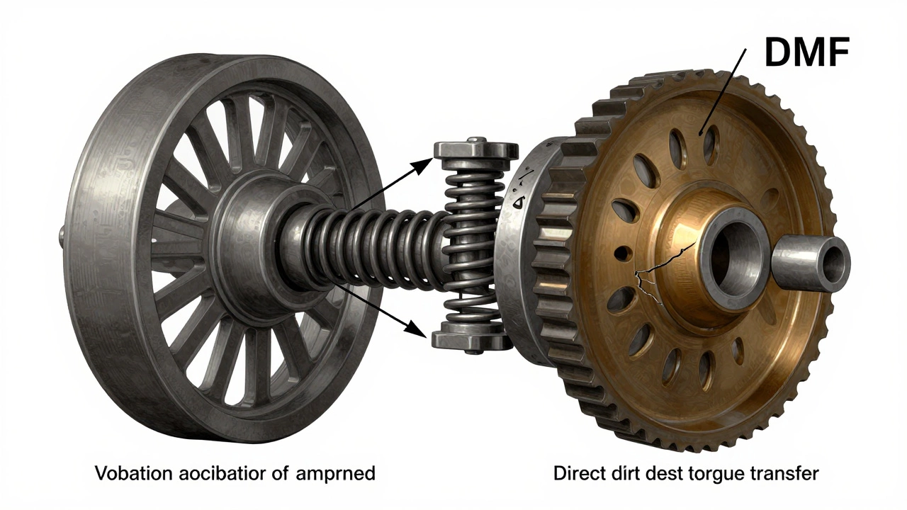 Cross-sectional diagram showing differences between solid and dual mass flywheels.