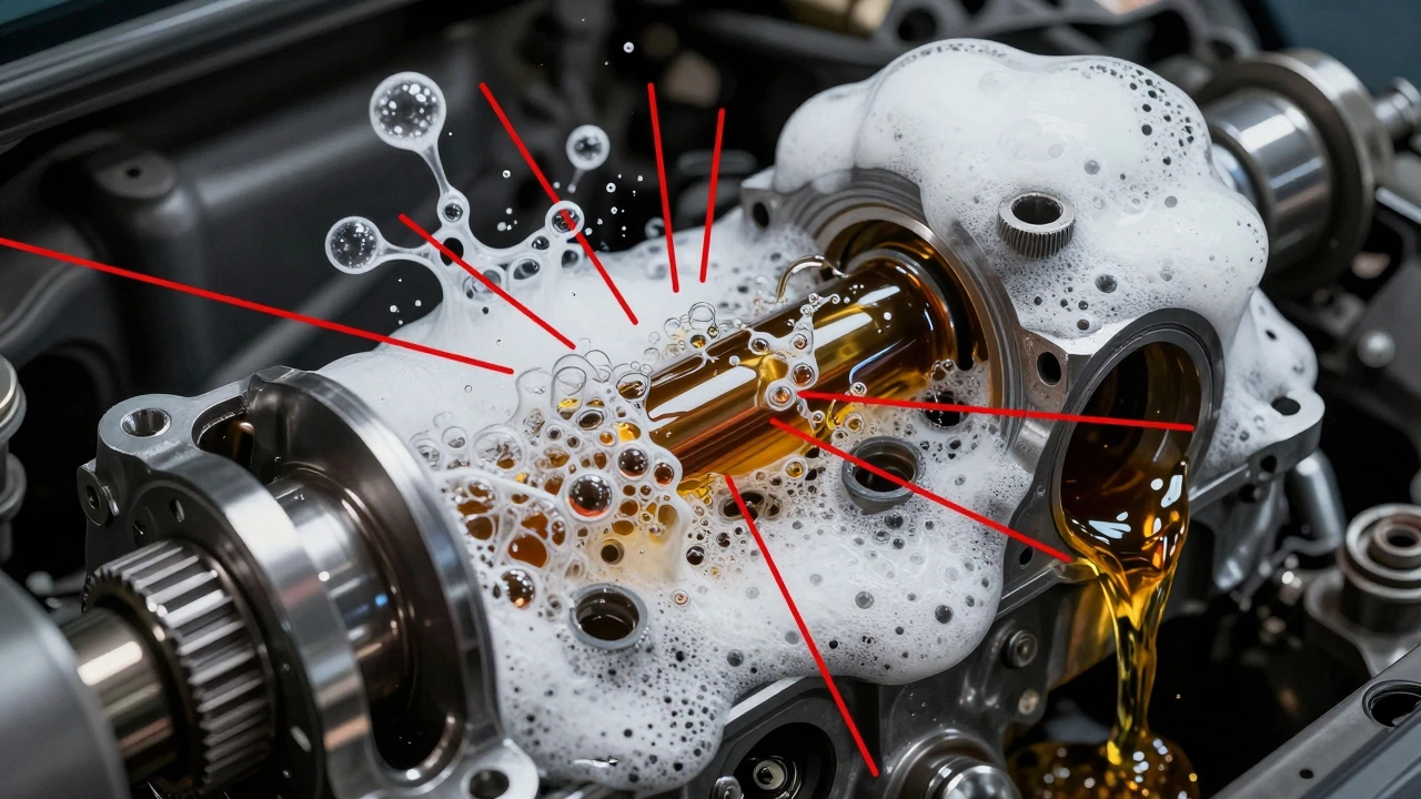 Engine cross-section showing oil foaming from overfilling and leaking seals.