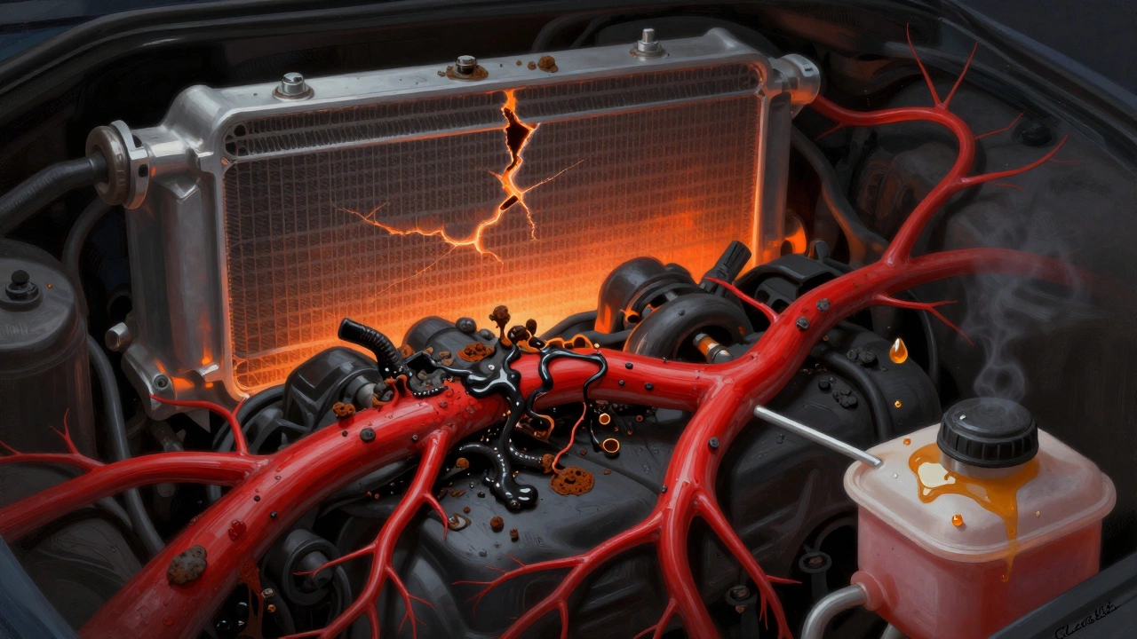Engine with blocked coolant flow shown as red veins clogged by sludge and oil.