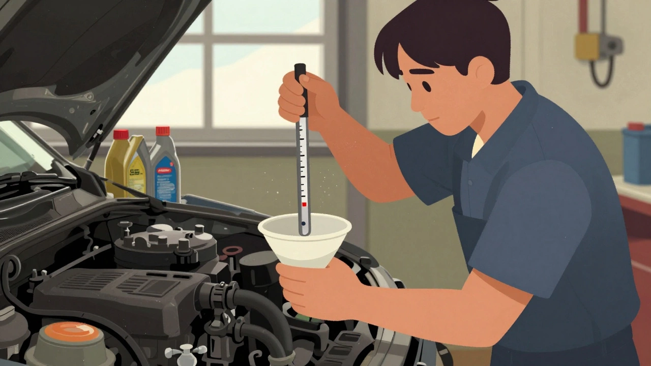 Mechanic adding oil to engine with dipstick showing rising level.