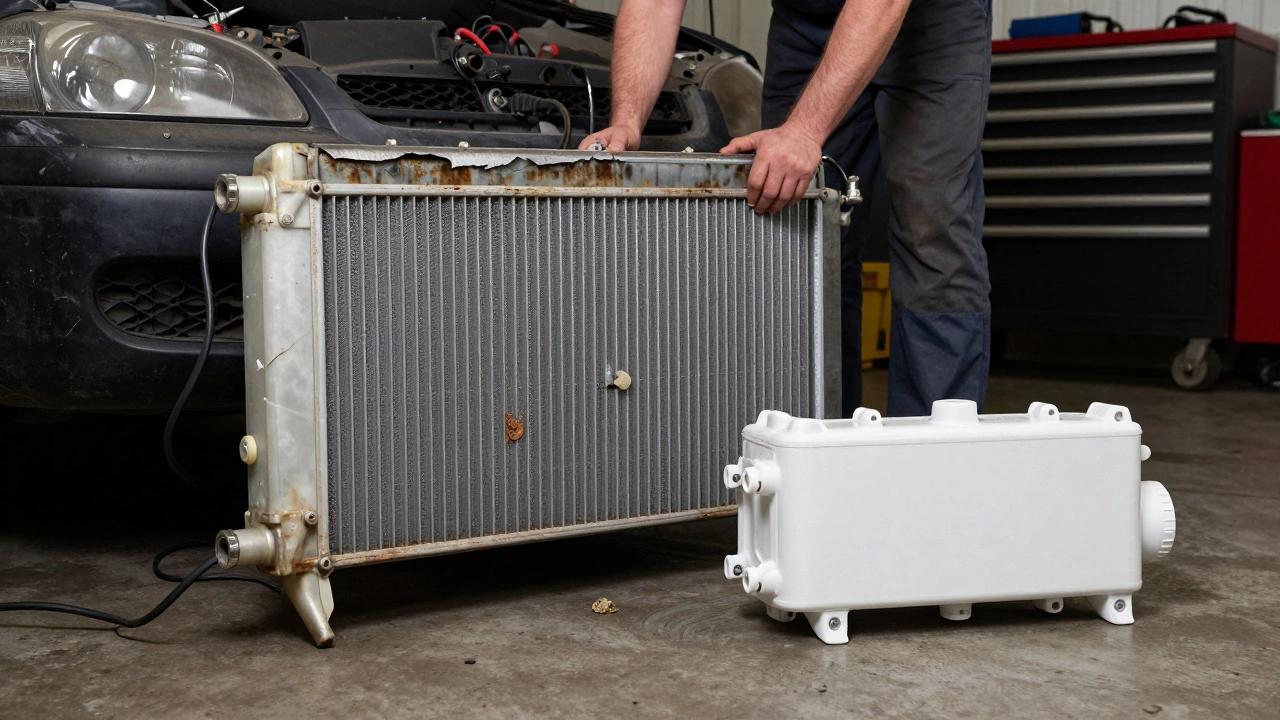 Mechanic removing a corroded radiator from an engine bay with new replacement nearby.