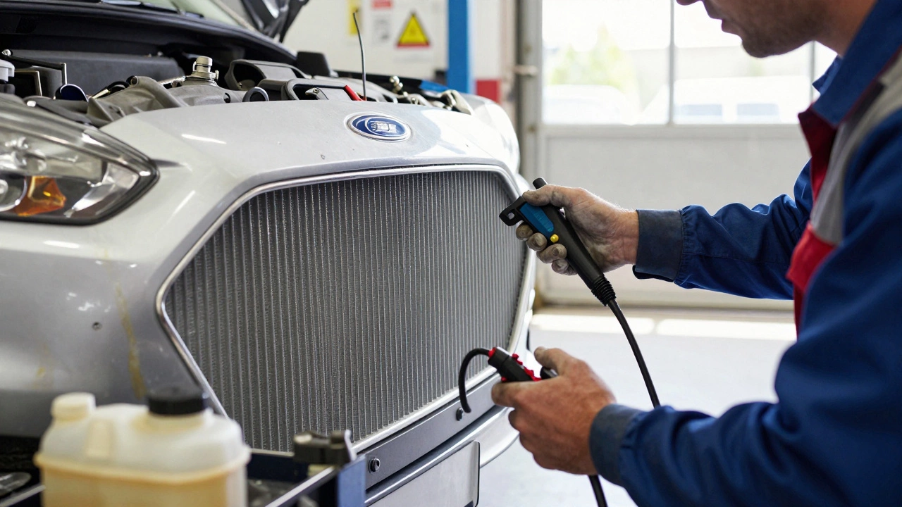 Mechanic testing a car radiator with contaminated coolant visible