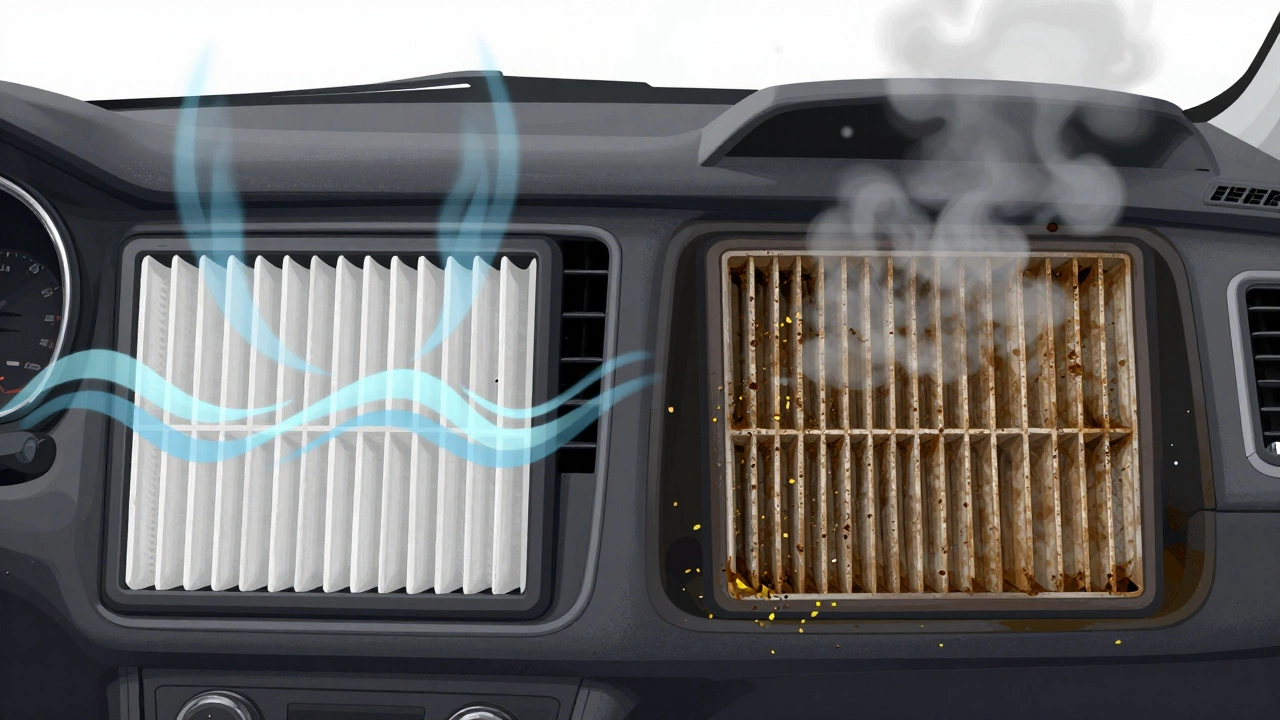 Side-by-side comparison of a clean and dirty cabin air filter inside a car's dashboard area.