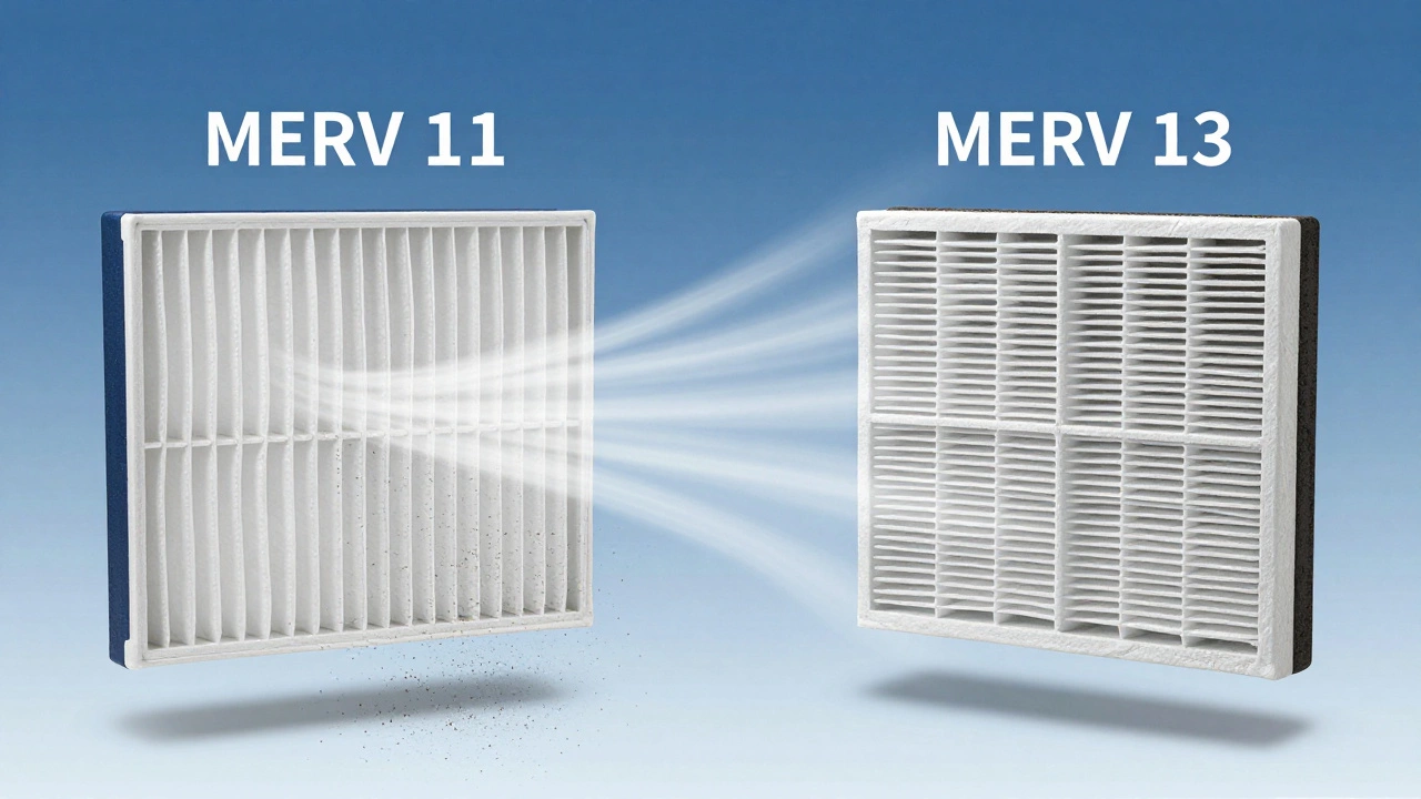 Side-by-side comparison of MERV 11 and MERV 13 filters trapping different particle sizes in mid-air.