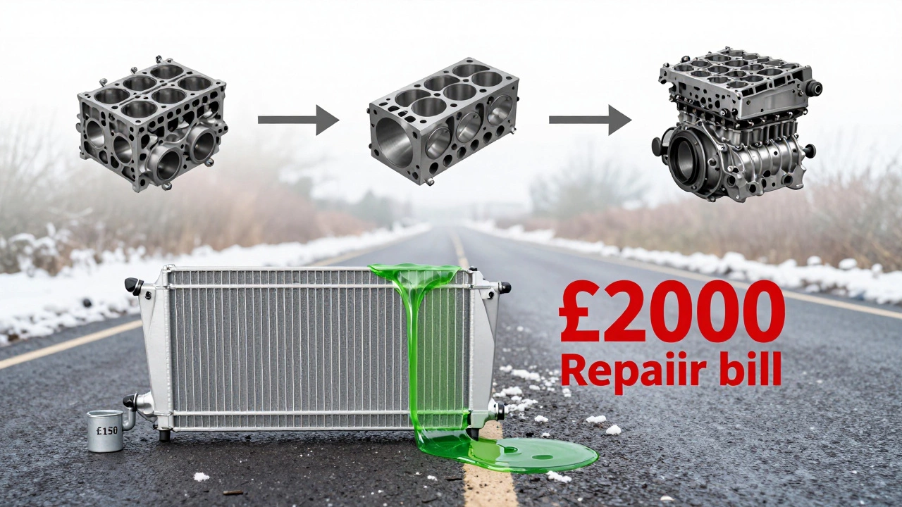 Split radiator leaking coolant with escalating engine damage consequences above.