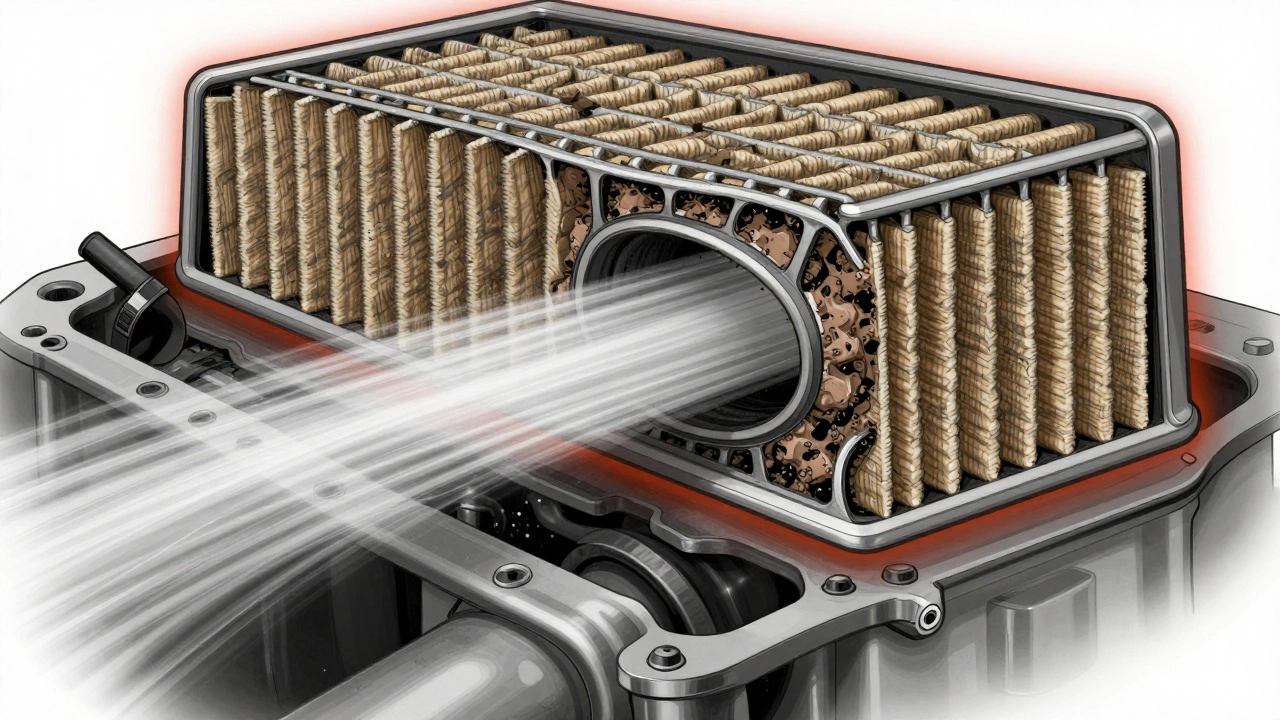 Technical cross-section showing clean vs. restricted airflow through an air filter in an engine.