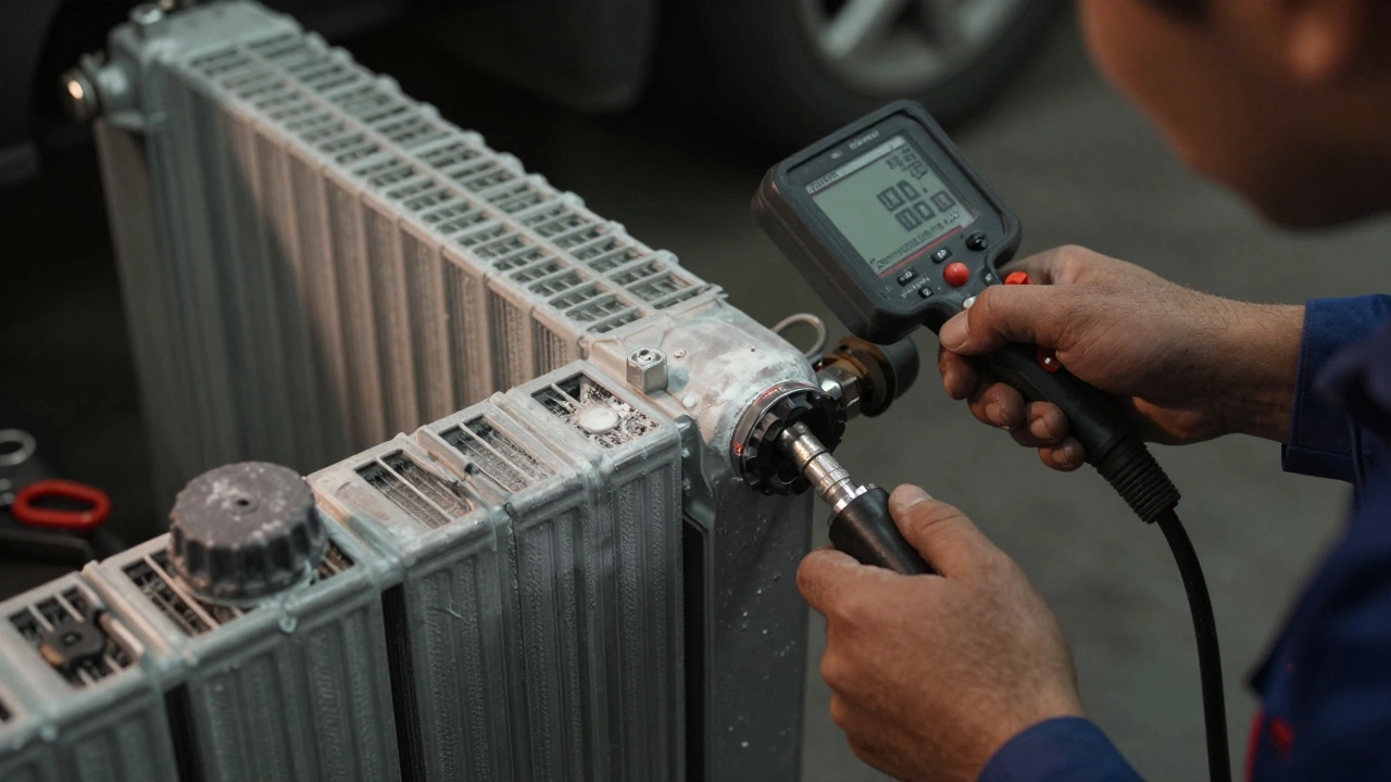 Technician inspecting a radiator with white residue and hairline fracture in workshop.
