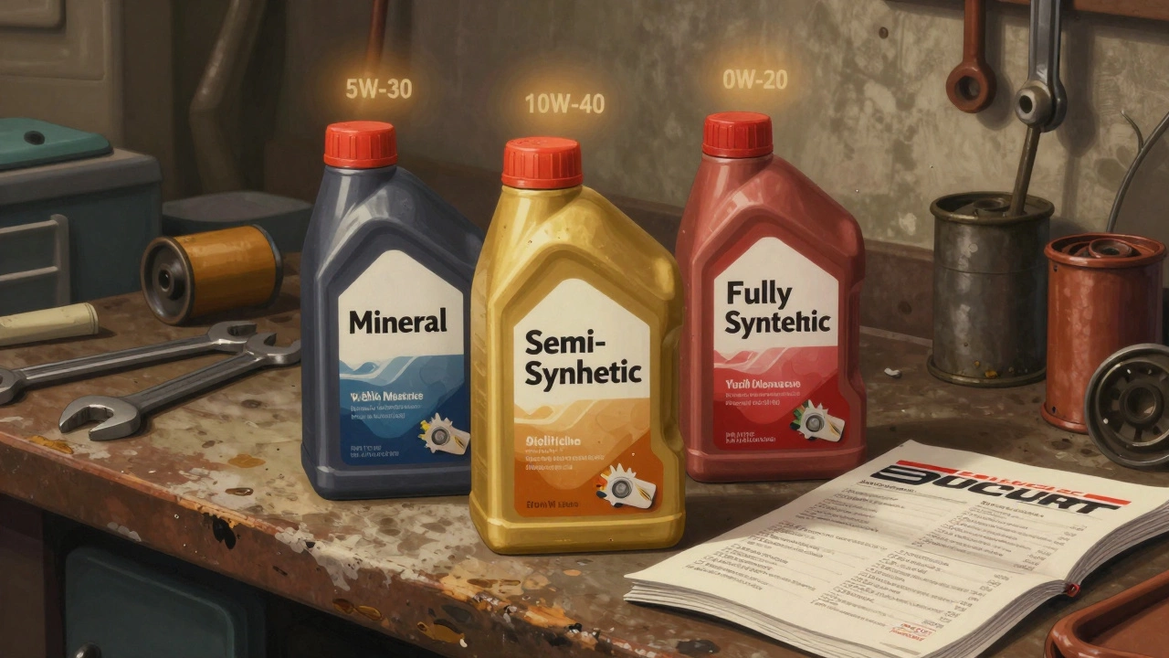 Three types of engine oil bottles on a workshop bench beside an open car manual with viscosity codes glowing above them.
